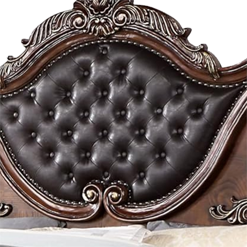 Pemberly Row King Bed with Carved Details and Tufted Faux Leather in Brown