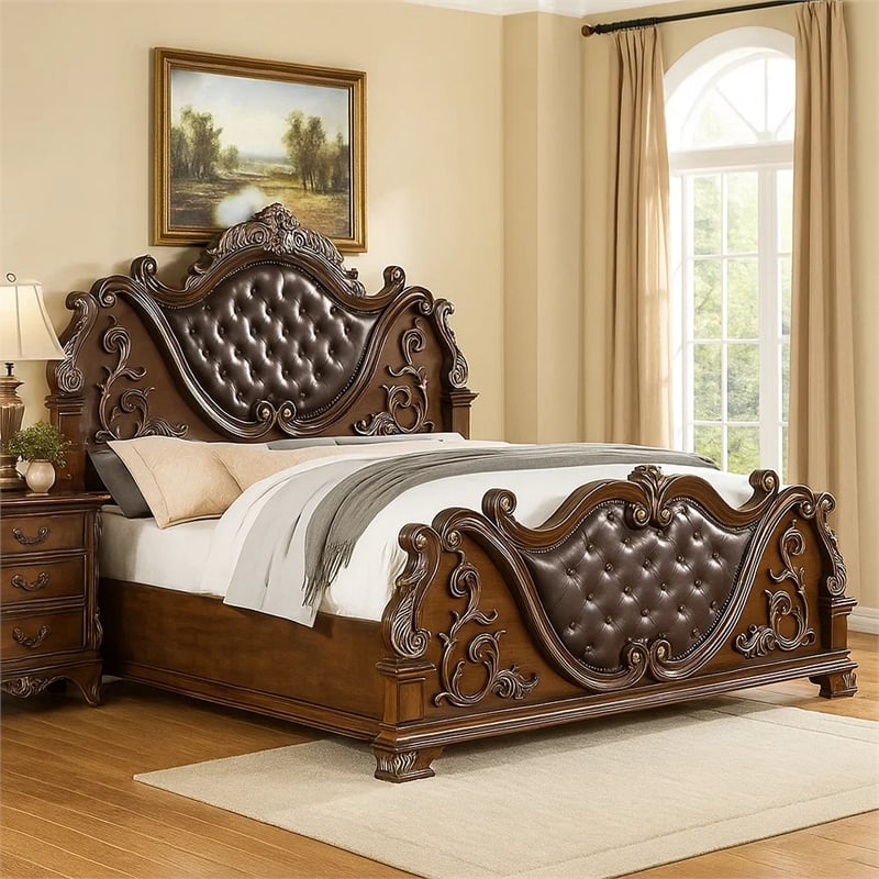 Pemberly Row Queen Bed with Carved Details and Tufted Faux Leather in Brown