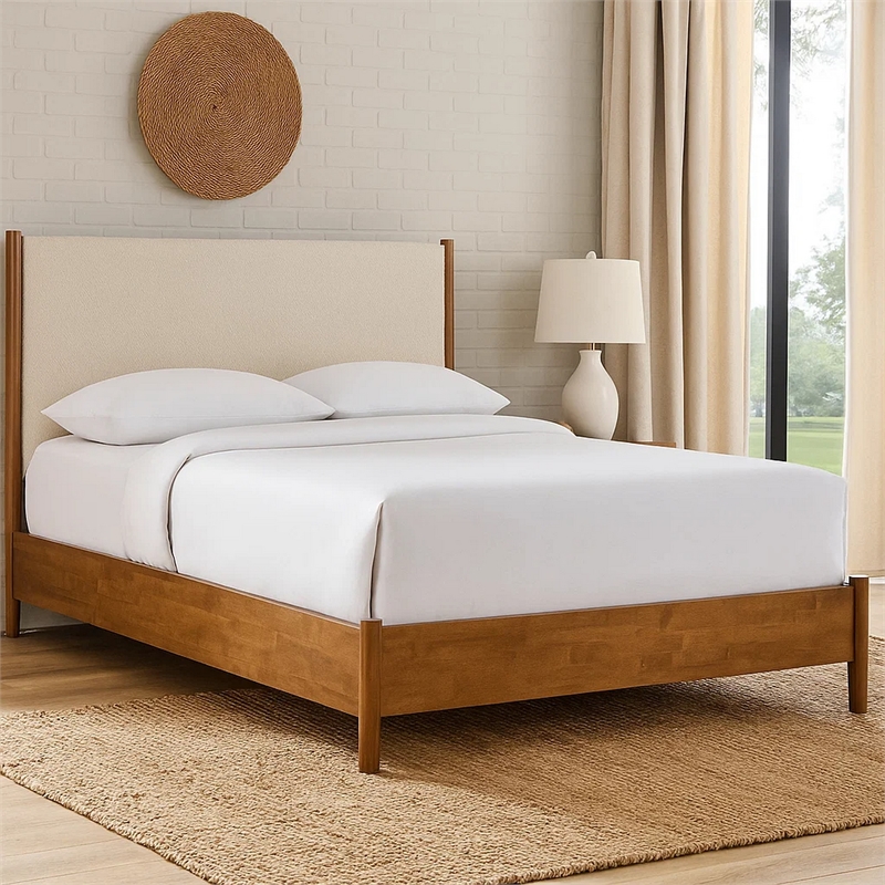 Pemberly Row Full Bed with Beige Boucle Upholstered Headboard in Walnut Brown