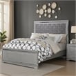 Pemberly Row Queen Bed with Gray Velvet Upholstery and Silver Mirror Accents