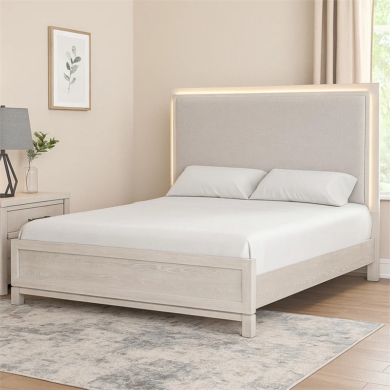 Pemberly Row Queen Bed with LED Headboard in Weathered Gray Rubberwood