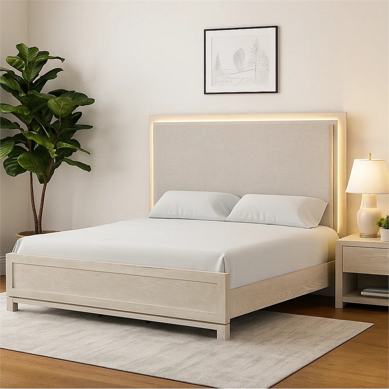 Pemberly Row Queen Bed with LED Headboard in Weathered Gray Rubberwood