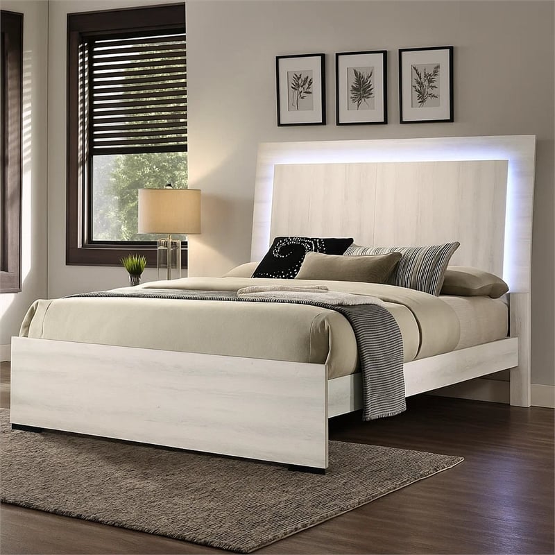 Pemberly Row King Bed with LED Headboard in White Wash Paper Veneer
