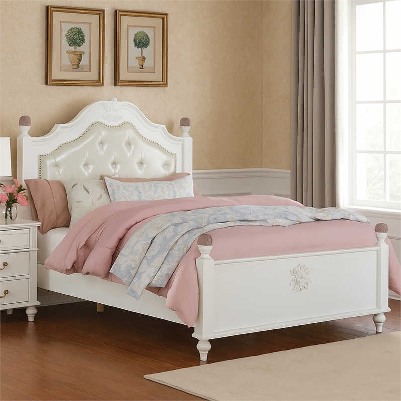 Pemberly Row Full Bed with Button Tufted Faux Leather Headboard in White