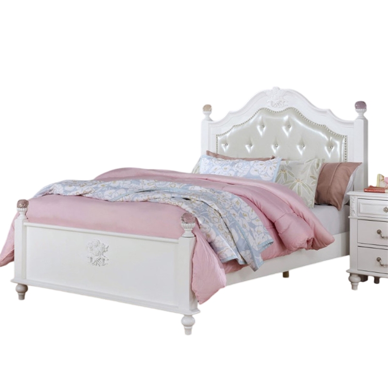 Pemberly Row Full Bed with Button Tufted Faux Leather Headboard in White