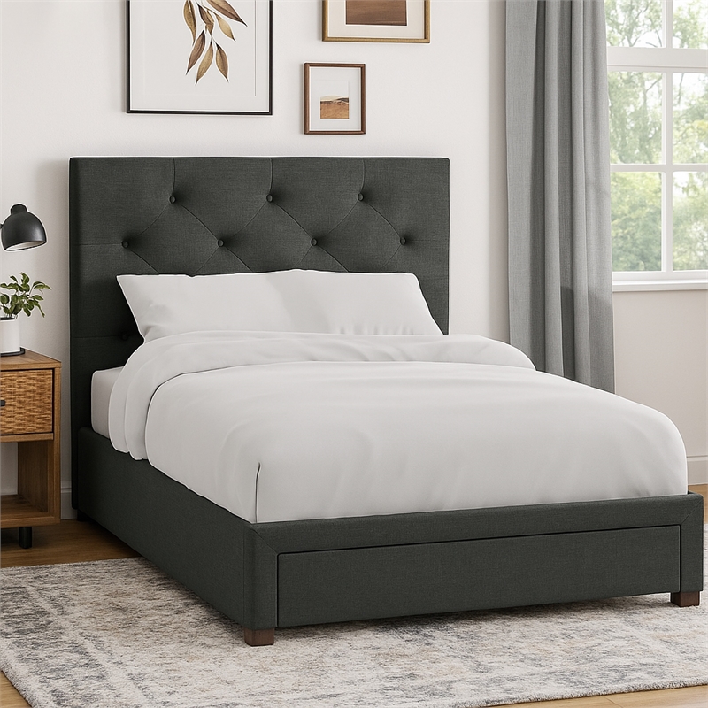 Pemberly Row Queen Platform Bed with Tufted Headboard and Storage in Dark Gray