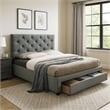 Pemberly Row King Platform Bed with Tufted Headboard and Storage in Gray