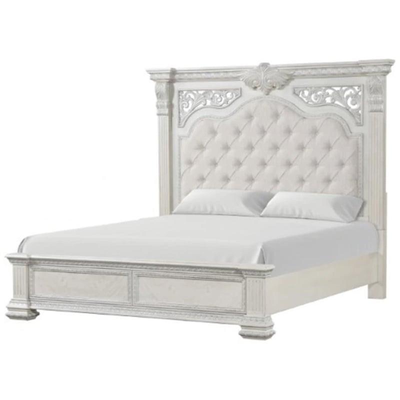 Pemberly Row Queen Bed with Panel Design and Silver Accents in Creamy White