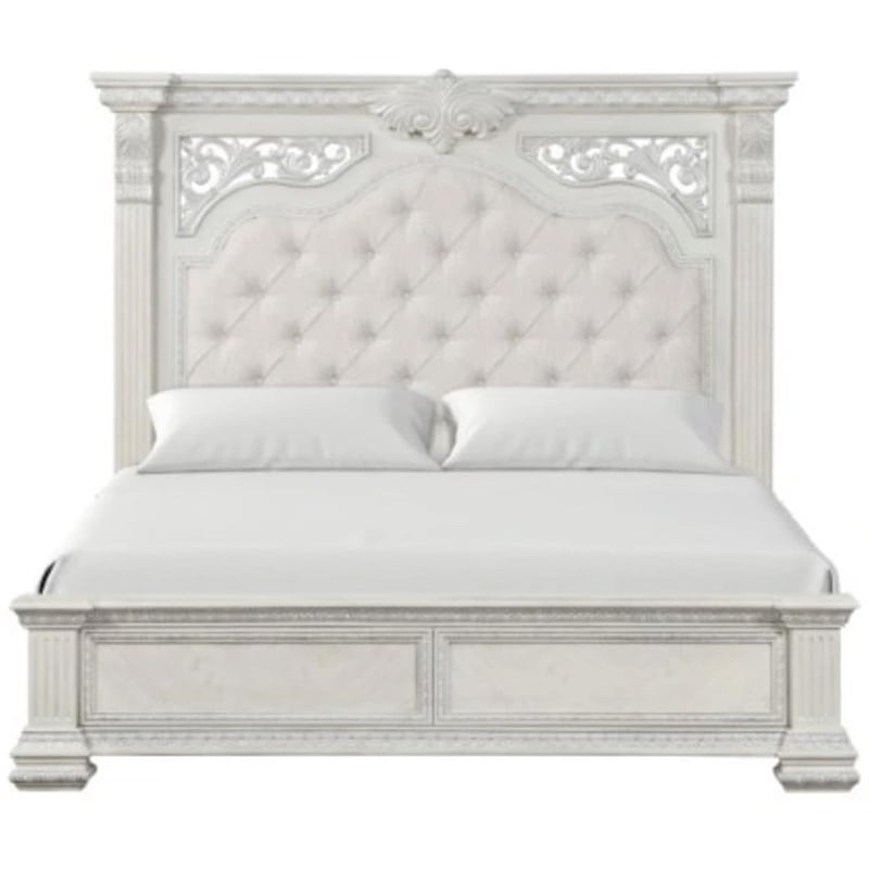 Pemberly Row Queen Bed with Panel Design and Silver Accents in Creamy White