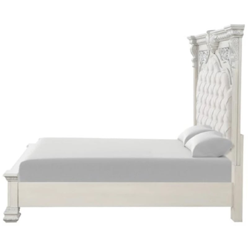 Pemberly Row Queen Bed with Panel Design and Silver Accents in Creamy White
