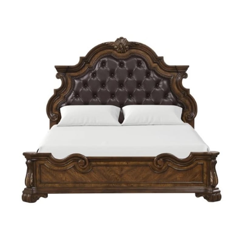 Pemberly Row Queen Bed with Bombay Headboard and Faux Leather in Dark Brown