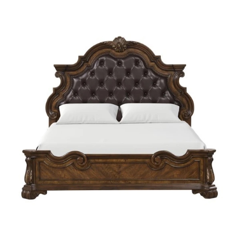 Pemberly Row Queen Bed with Bombay Headboard and Faux Leather in Dark Brown