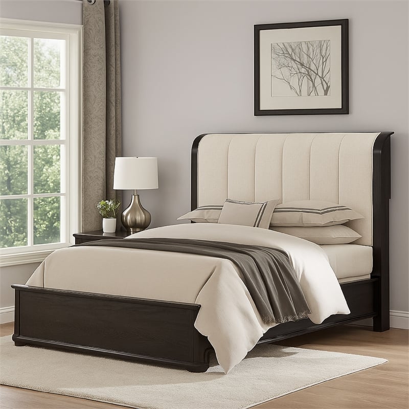 Pemberly Row Queen Bed with Vertical Channeled White Headboard in Black