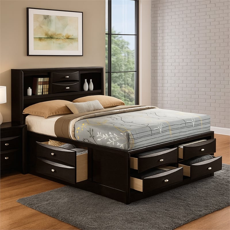 Pemberly Row Queen Bed with Bookcase Headboard and Storage Drawers in Black