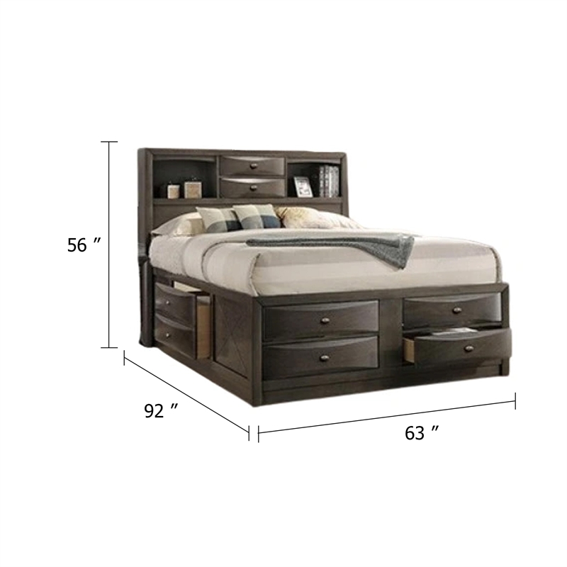 Pemberly Row Queen Bed with Bookcase Headboard and Storage Drawers in Gray