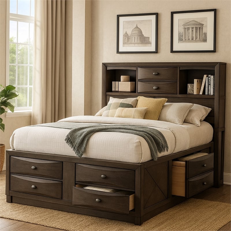 Pemberly Row Queen Bed with Bookcase Headboard and Storage Drawers in Gray