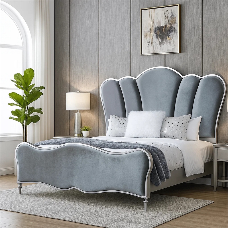 Pemberly Row Queen Bed with Scalloped Channel Tufted Headboard in Silver