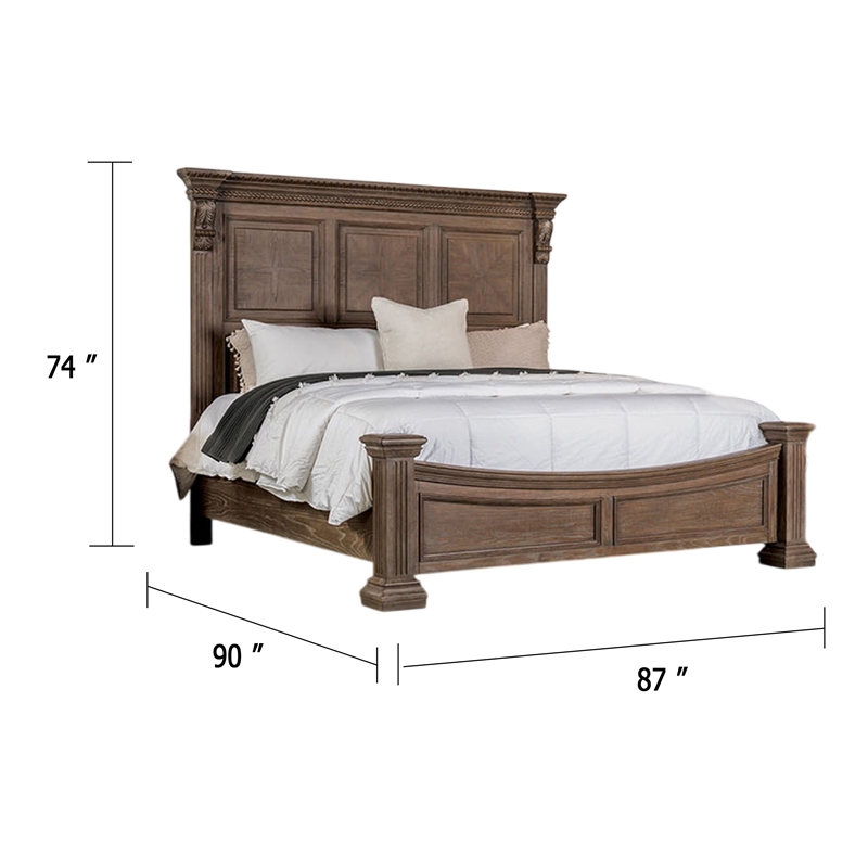 Pemberly Row King Bed with Carved Details in Weathered Oak Solid Wood