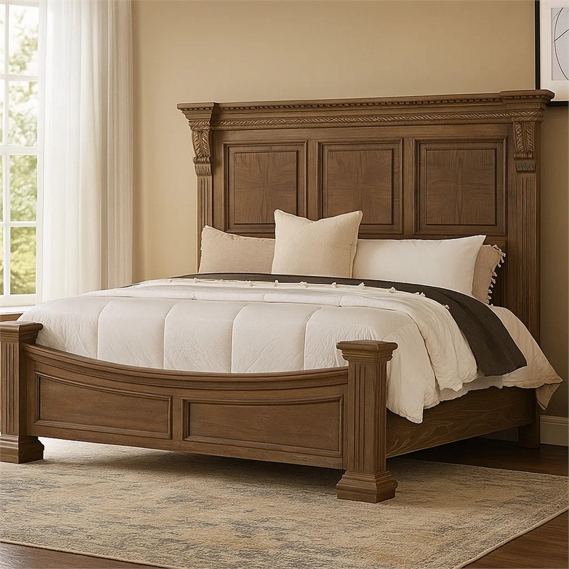 Pemberly Row King Bed with Carved Details in Weathered Oak Solid Wood
