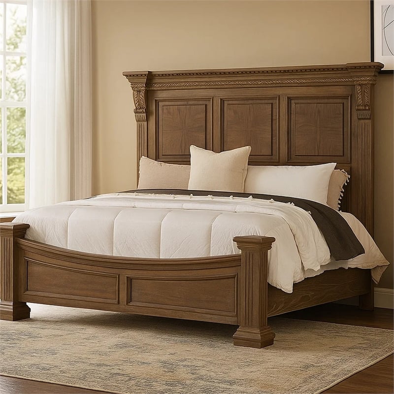 Pemberly Row King Bed with Carved Details in Weathered Oak Solid Wood