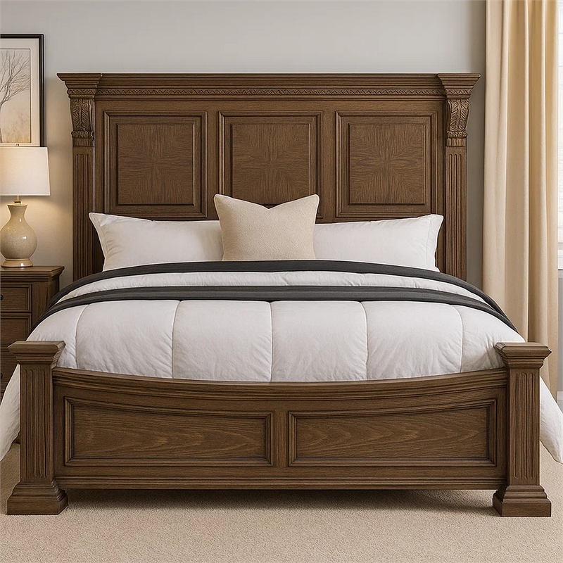 Pemberly Row King Bed with Carved Details in Weathered Oak Solid Wood