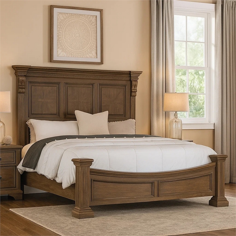 Pemberly Row Queen Bed with Carved Details in Weathered Oak Solid Wood