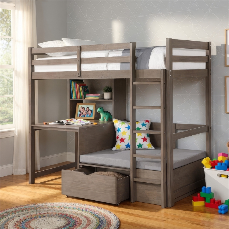 Pemberly Row Twin Loft Bed with Workstation Storage and Guardrails in Gray