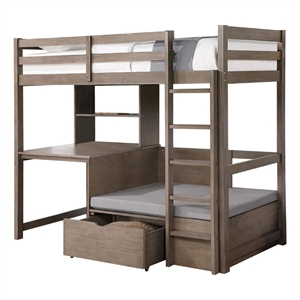 Pemberly Row Twin Loft Bed with Workstation Storage and Guardrails in Gray