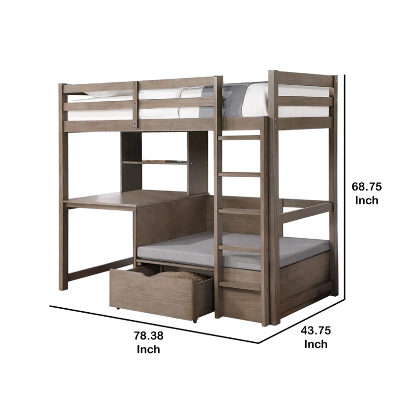 Pemberly Row Twin Loft Bed with Workstation Storage and Guardrails in Gray