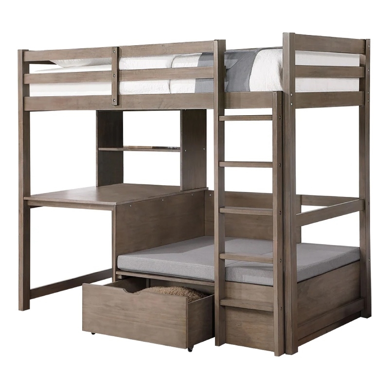 Pemberly Row Twin Loft Bed with Workstation Storage and Guardrails in Gray