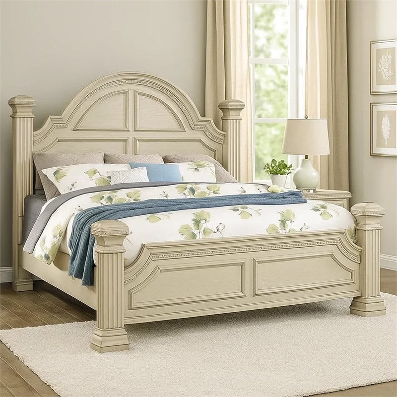 Pemberly Row King Bed with Reeded Posts and Molded Trim in Antique White