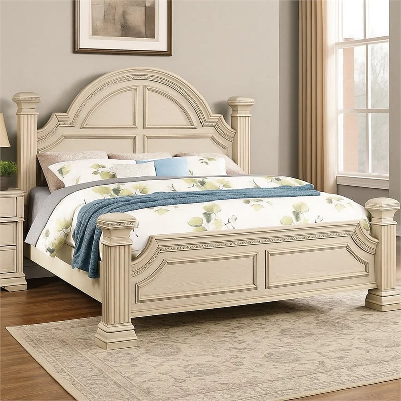 Pemberly Row Queen Bed with Reeded Posts and Molded Trim in Antique White