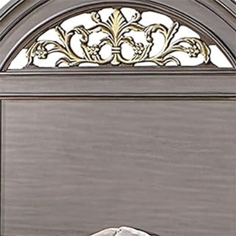 Pemberly Row King Bed with Carved Floral Arched Headboard in Gray