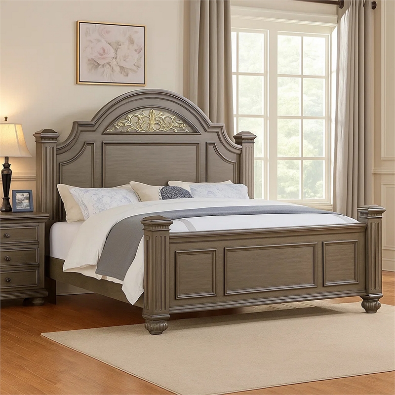 Pemberly Row Queen Bed with Carved Floral Arched Headboard in Gray