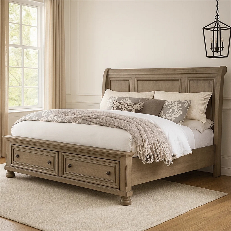 Pemberly Row King Bed with Footboard Storage and Bun Feet in Gray