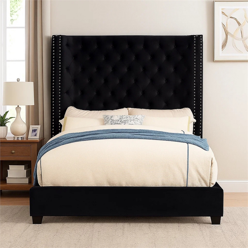 Pemberly Row Queen Bed with Wingback Headboard and Nailhead Trim in Black
