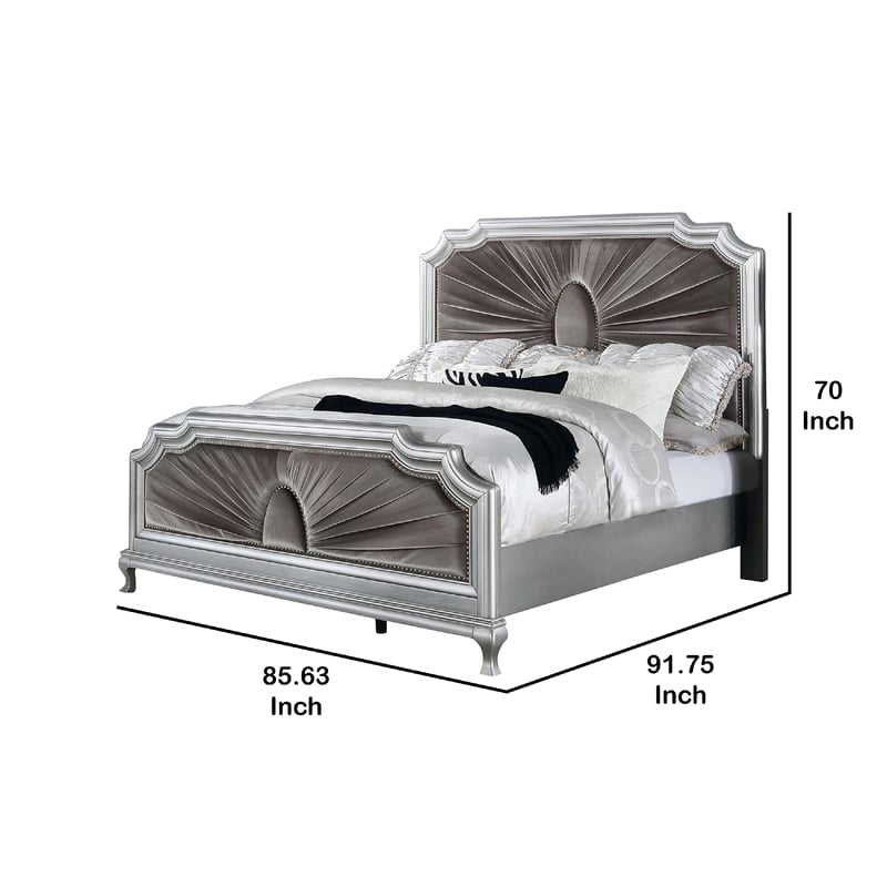Pemberly Row California King Bed with Gray Pleated Velvet in Silver