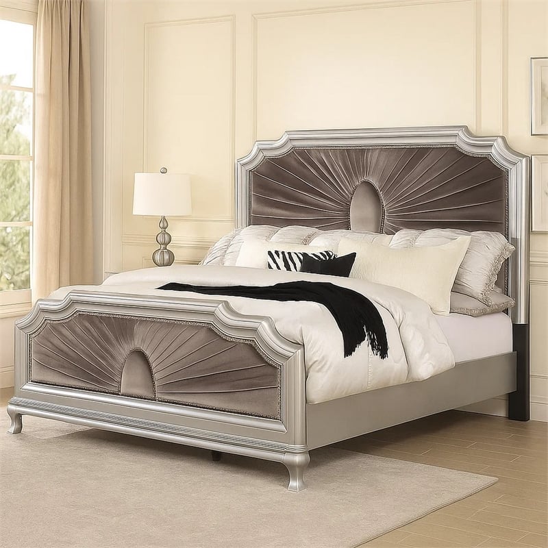 Pemberly Row California King Bed with Gray Pleated Velvet in Silver