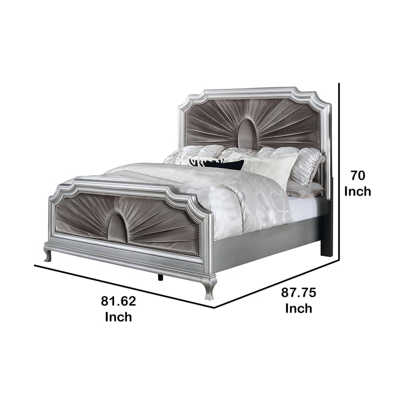 Pemberly Row King Bed with Gray Pleated Velvet Upholstery in Silver