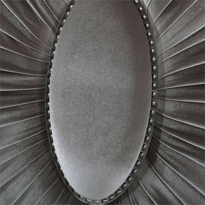 Pemberly Row King Bed with Gray Pleated Velvet Upholstery in Silver