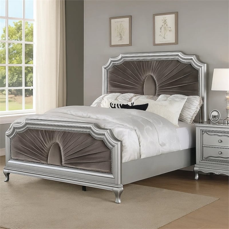 Pemberly Row King Bed with Gray Pleated Velvet Upholstery in Silver