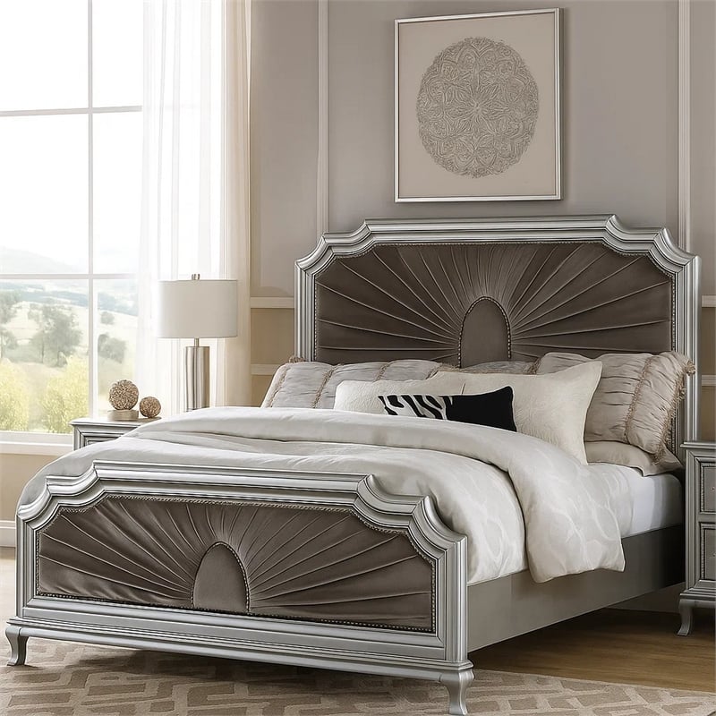Pemberly Row King Bed with Gray Pleated Velvet Upholstery in Silver