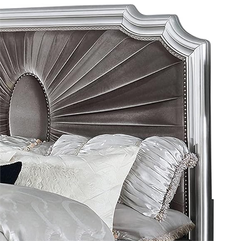 Pemberly Row King Bed with Gray Pleated Velvet Upholstery in Silver