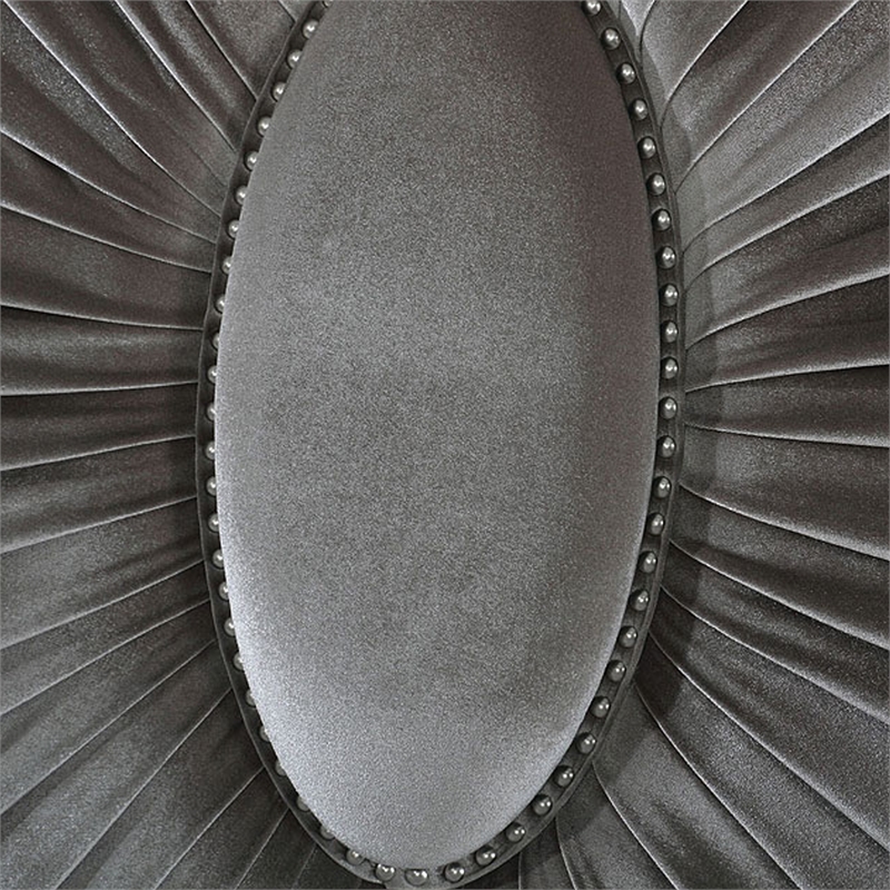 Pemberly Row King Bed with Gray Pleated Velvet Upholstery in Silver