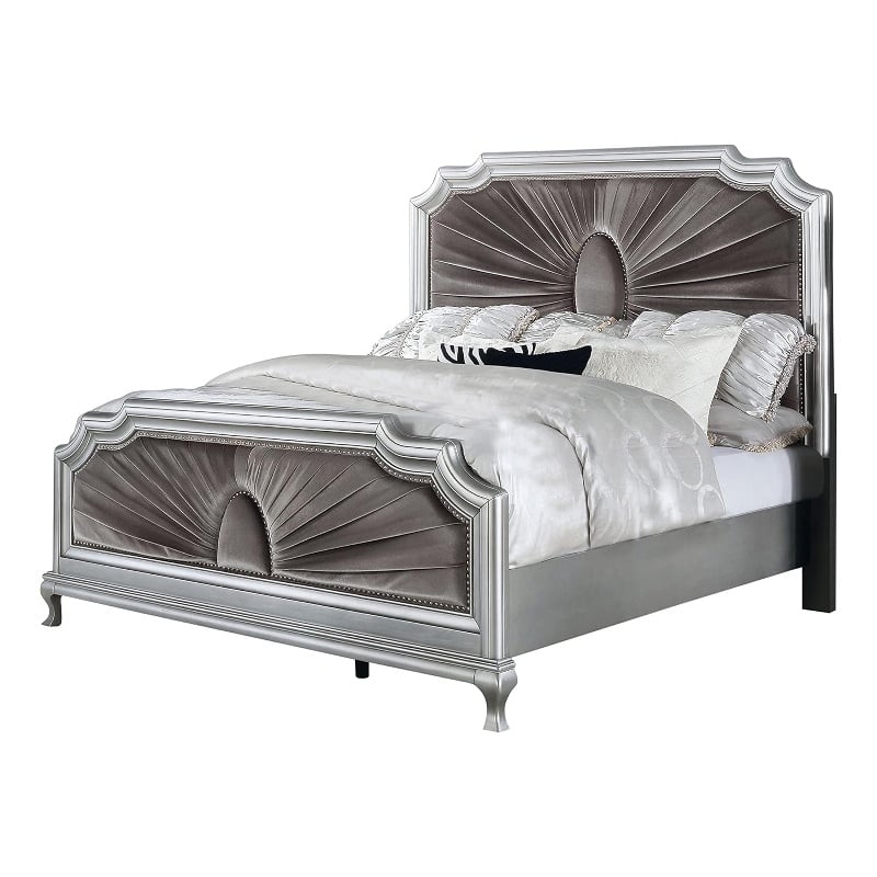 Pemberly Row King Bed with Gray Pleated Velvet Upholstery in Silver