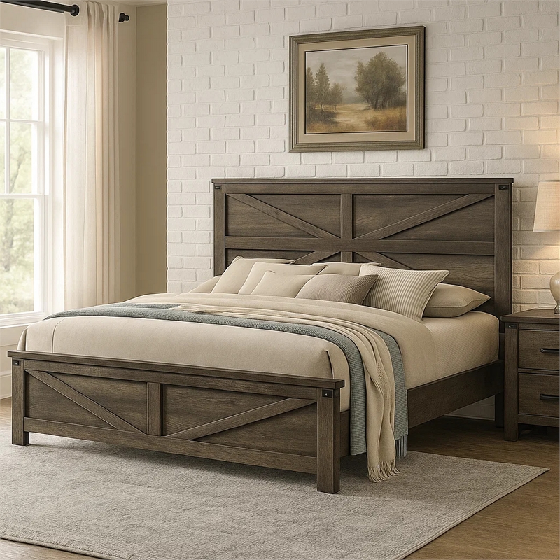 Pemberly Row King Bed with Chevron Panel Headboard in Rustic Gray