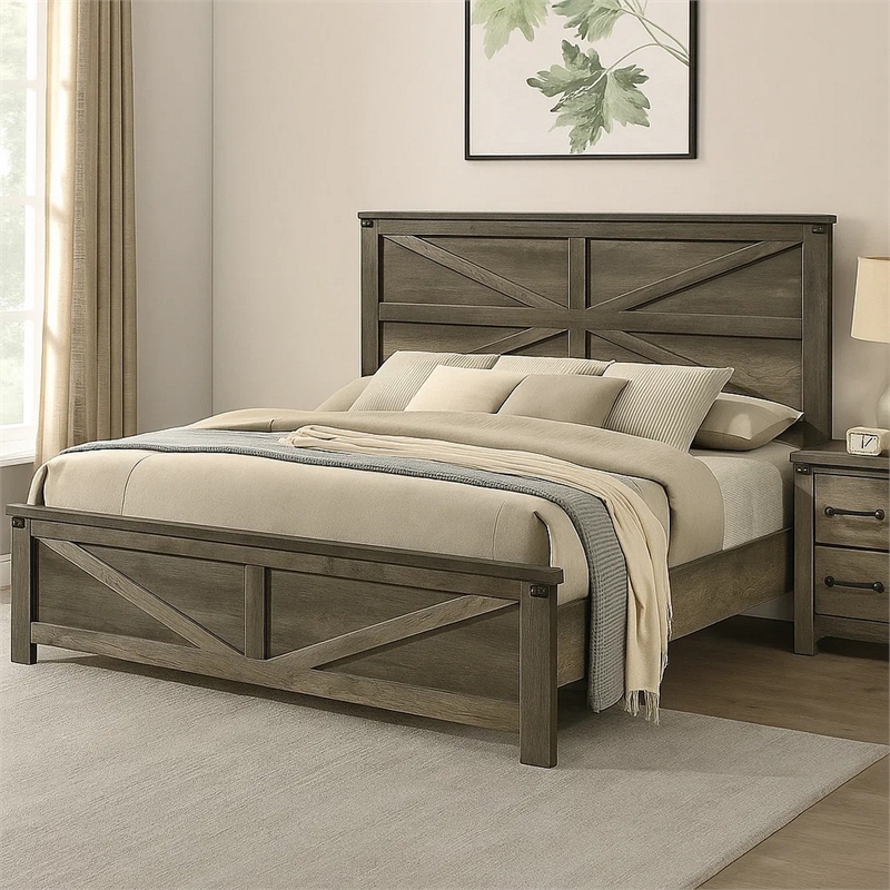 Pemberly Row King Bed with Chevron Panel Headboard in Rustic Gray
