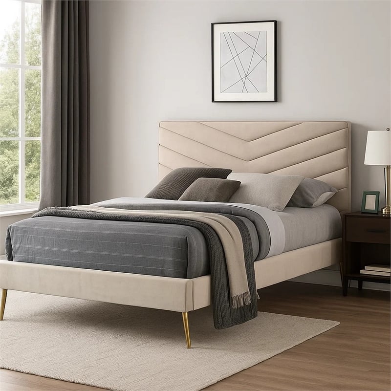 Pemberly Row King Bed with Chevron Tufted Headboard in Beige Flannelette
