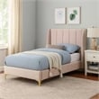 Pemberly Row Queen Bed with Tufted Wingback Headboard in Light Pink Velvet