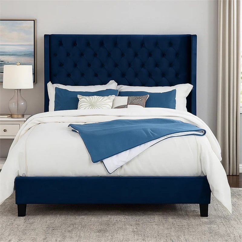Pemberly Row King Bed with Wingback Headboard in Navy Blue Velvet